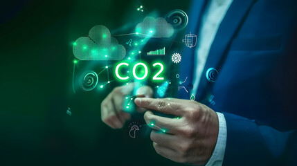 Fototapeta premium Businessman touching green CO2 icon on virtual screen for carbon neutral and climate change with clean energy concept. E pigment print 