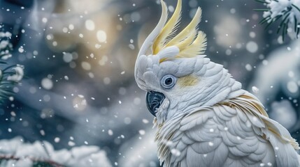 single, white bird with a yellow crest and blue eyes, perched