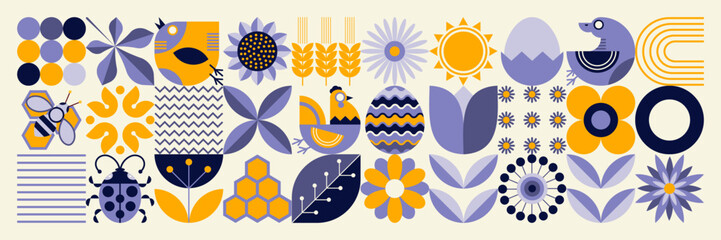 Geometric summer pattern. Scandinavian style. Ukrainian motives. Natural organic flowering plants, ecological agriculture concept. Minimalist abstraction . Eco Illustration
