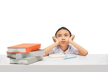Portrait of an Asian elementary school student girl with a stack of books on the table tired of learning
