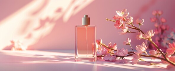 a perfume bottle with flowers against a pink background