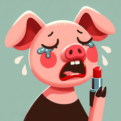 Sad cartoon pig with tears, holding a red lipstick against a muted background, expressing emotion and humor.
