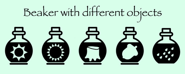 Set of glass, bottle, jar, kettle icon with flower and plant