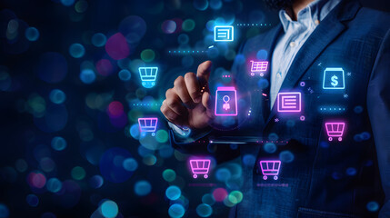 Businessman touching virtual screen with ecommerce icons on dark blue background 