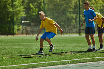 Obraz premium Focused Footwork Training. : Children in uniform training outdoors on soccer field, performing fast-paced agility drills . Concept of sport, school, childhood, hobby, active lifestyle