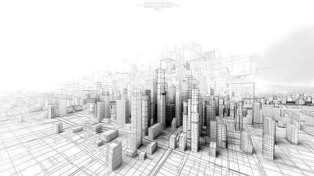 abstract modern urban landscape line drawin.3D illustration Imagination architecture building construction perspective design.