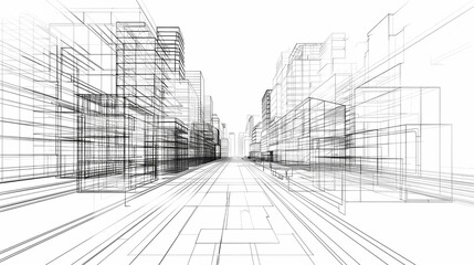 abstract modern urban landscape line drawin.3D illustration Imagination architecture building construction perspective design.