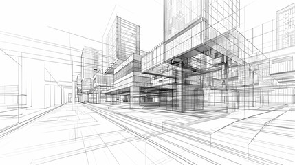 abstract modern urban landscape line drawin.3D illustration Imagination architecture building construction perspective design.