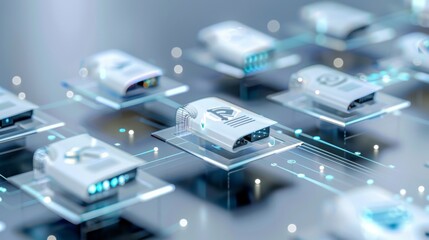 chat bot icon, digital overlays of file folders and data streams; a visualization of data processing akin to the uploaded image; chat UI elements, soft blue and gray tones 