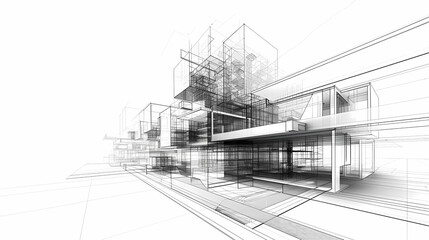 abstract modern urban landscape line drawin.3D illustration Imagination architecture building construction perspective design.
