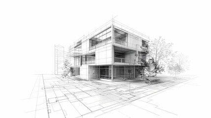 abstract modern urban landscape line drawin.3D illustration Imagination architecture building construction perspective design.
