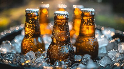 A home party setup with a bucket of chilled beer bottles, ice, and refreshing beverages.