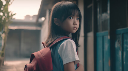 Obraz premium Asian girl with a backpack goes to school. Back to school.