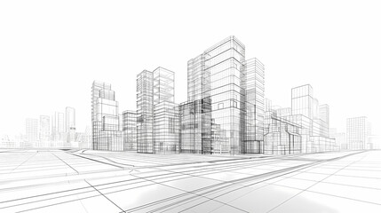 abstract modern urban landscape line drawin.3D illustration Imagination architecture building construction perspective design.