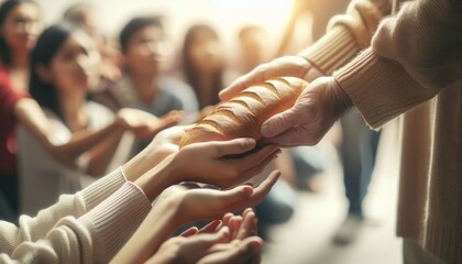 Obraz premium Volunteer hands extend bread, donate, help hungry people in need. A global movement to help the disadvantaged in difficult times of war