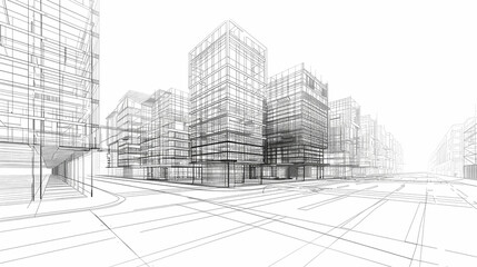 abstract modern urban landscape line drawin.3D illustration Imagination architecture building construction perspective design.