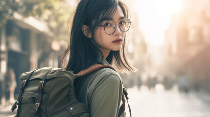 Fototapeta premium Asian girl with glasses with a backpack on her back goes to college. Back to school.