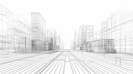 abstract modern urban landscape line drawin.3D illustration Imagination architecture building construction perspective design.