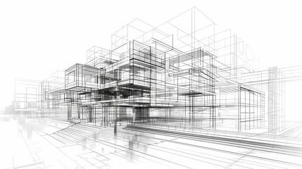 abstract modern urban landscape line drawin.3D illustration Imagination architecture building construction perspective design.