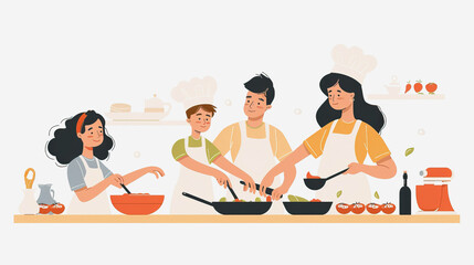 Illustration of family bonding over cooking in a comfortable home kitchen.