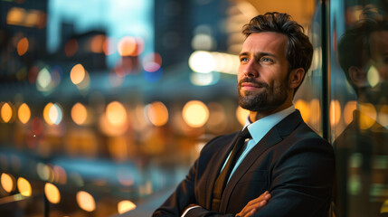Obraz premium A corporate man standing outside of office building