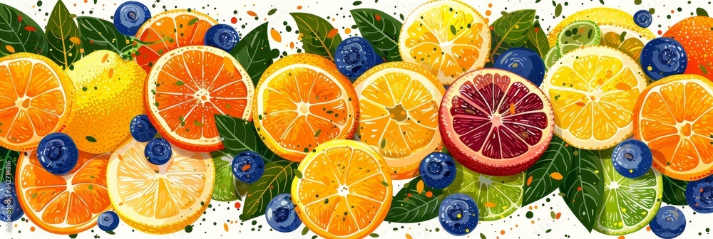 Wall mural Colorful Citrus Fruit Slices and Blueberries Abstract Background