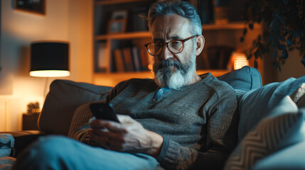 Fototapeta premium A couch at home, browsing the internet and texting messages on his smartphone
