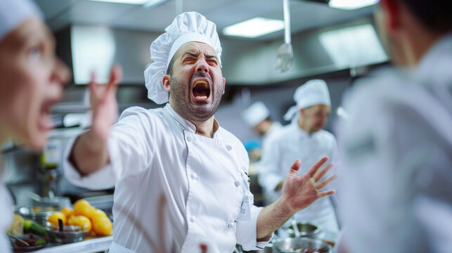Angry chef arguing with his colleagues. Stressful low paid job - Powered by Adobe