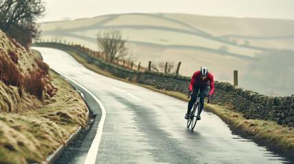 Obraz premium A cyclist leans into a sweeping bend on a scenic country road