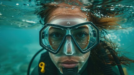 Portrait of a Woman in diving suit and wearing diving gear is swimming in the open ocean 