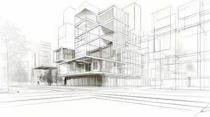 Fototapeta premium abstract modern urban landscape line drawin.3D illustration Imagination architecture building construction perspective design.