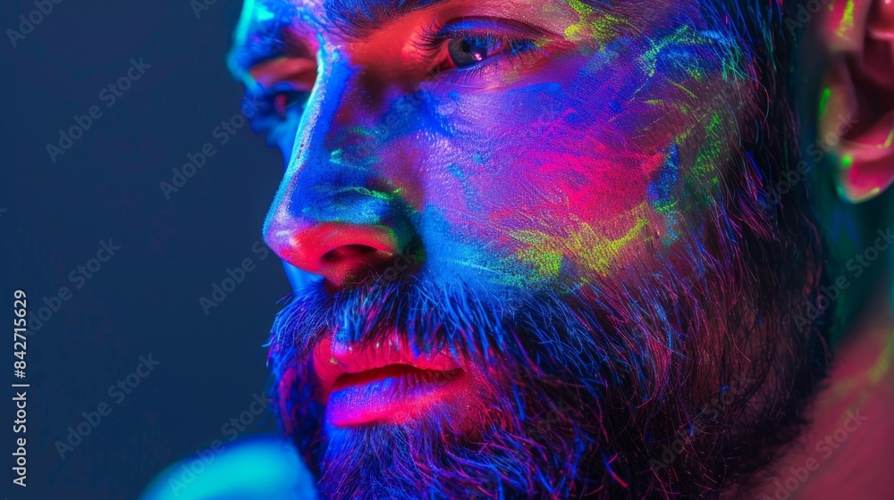 Wall mural portrait of a pumped-up man at a disco. fluorescent paint on face in with uv light - Wall murals