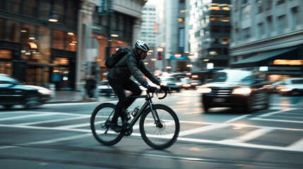 A cyclist navigates through a bustling city street