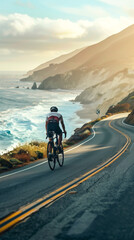 A cyclist speeds along a scenic coastal road