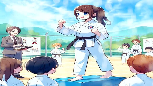 Cartoon of a person practicing karate, seamless looping time-lapse animation, high-quality 4K AI-generated video background