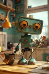 In the children's room, a beautiful new robot stands on the table in the foreground with a bucket and a broom in his hand