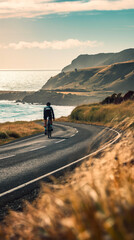 A cyclist speeds along a scenic coastal road