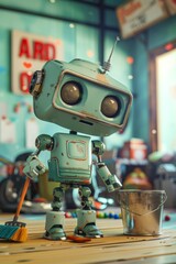 In the children's room, a beautiful new robot stands on the table in the foreground with a bucket and a broom in his hand