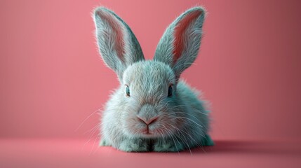 Obraz premium Portrait of a fluffy gray rabbit on a pink background, close-up view. Cute animal photography concept