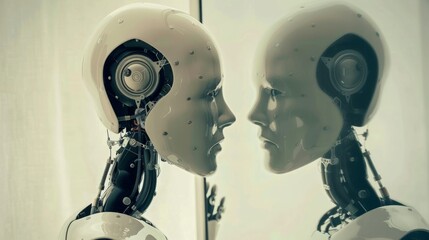 Naklejka premium introvert robot looking in a mirror and seeing extrovert version of itself