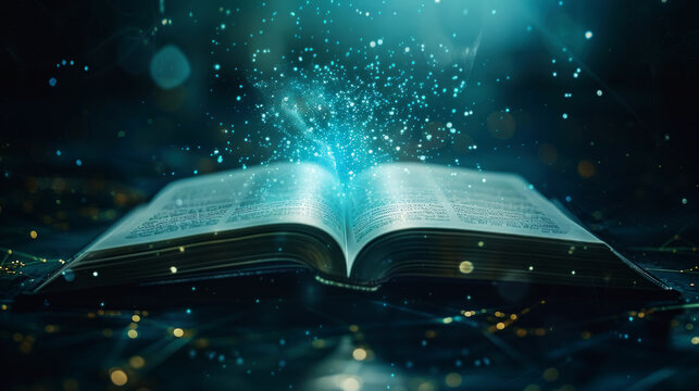 Open book on abstract digital background, magic light coming from pages