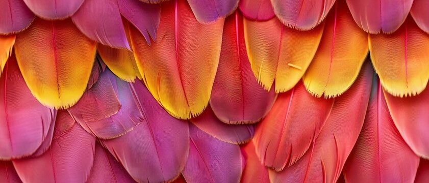 Seamless Pattern Of Parrot Feathers, Bird Print Texture Pink, Yellow And Purple Feathers  Background, Wallpaper .	