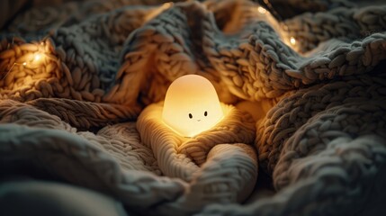 Obraz premium An adorable nightlight lamp casting a warm glow, nestled among soft blankets, creating cozy and whimsical atmosphere in bedroom or baby nursery.