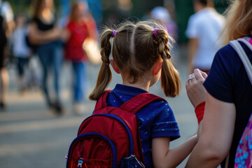 Girl with pigtails with a backpack on her back goes to school with mother, her back is turned. Back to school.