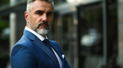 Obraz premium A gentleman dressed in a blue corporate suit with a white shirt stands confidently