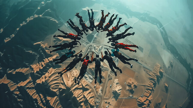A group of skydivers forms a stunning formation in mid-air