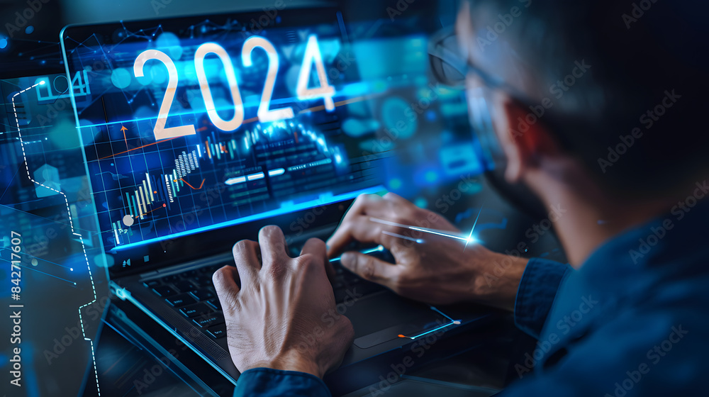 Poster businessman using a laptop and drawing a growth graph with a hologram of the numbers 2024 on a virtu