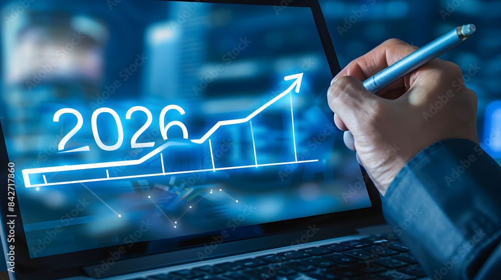Poster businessman using a laptop and drawing a growth graph with a hologram of the numbers 2026 on a virtu