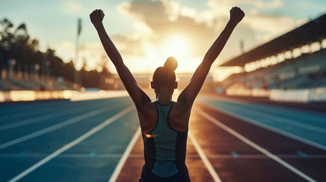 A hurdler celebrates victory as they cross the finish line