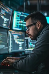A man at a computer with a large screen. System Administrator. Programmer. IT. Network monitoring and maintenance. Local network service. Data protection